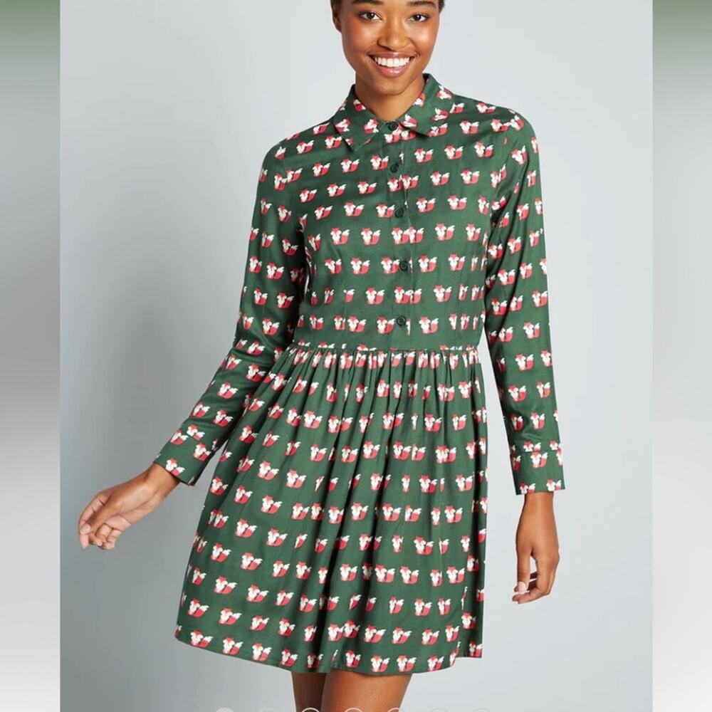 ModCloth Proportions For Foxes Circus Repeat Fox Green Long Sleeve Shirt